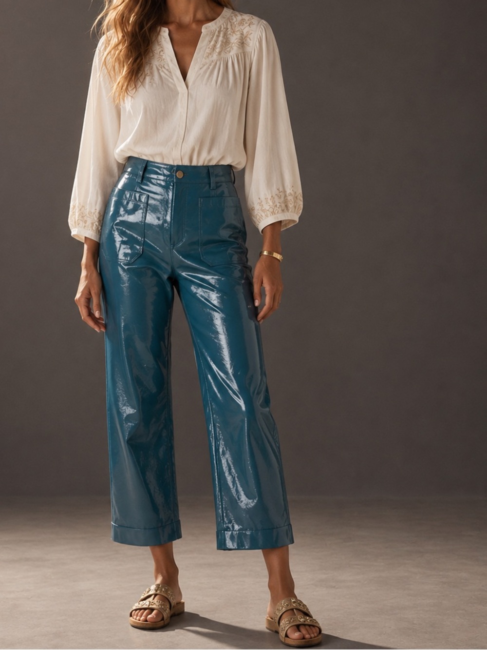 Anthropologie Teal Vegan Leather Cropped Pants Size 31
